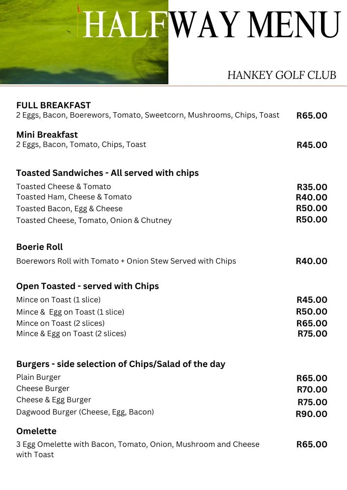 Hankey Golf Club Menu